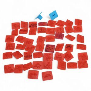 Vintage Rubber Stamp Set With 50 Interchangeable Red Ink Stamps & Blue Handle Fo